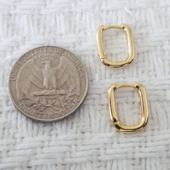 Gold Dipped 925 Sterling Silver Rectangle Hoop Earrings Small Huggie Hoops - Picture 4 of 5